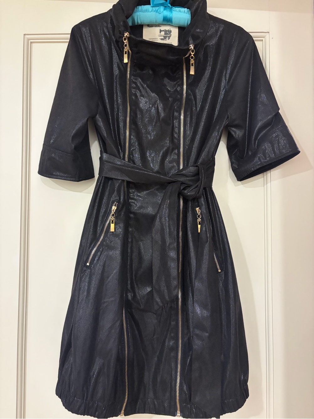 Shimmery Black Cinch-Waist Trench Coat with Gold Hardware